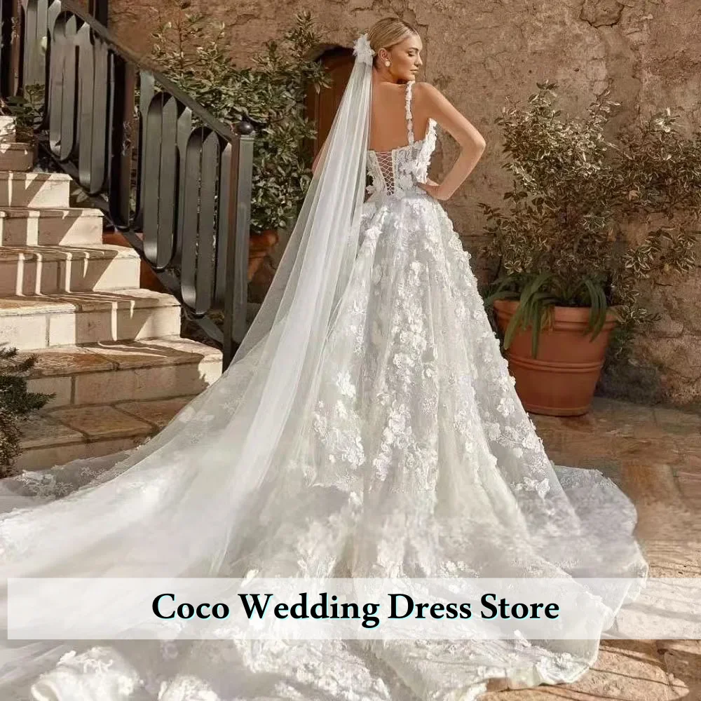 Customized Exquisite 3D Flowers A-Line Glamorous Wedding Dresses Boat Neck Vestido De Novia Elegant Lace Appliques Bridal Gowns