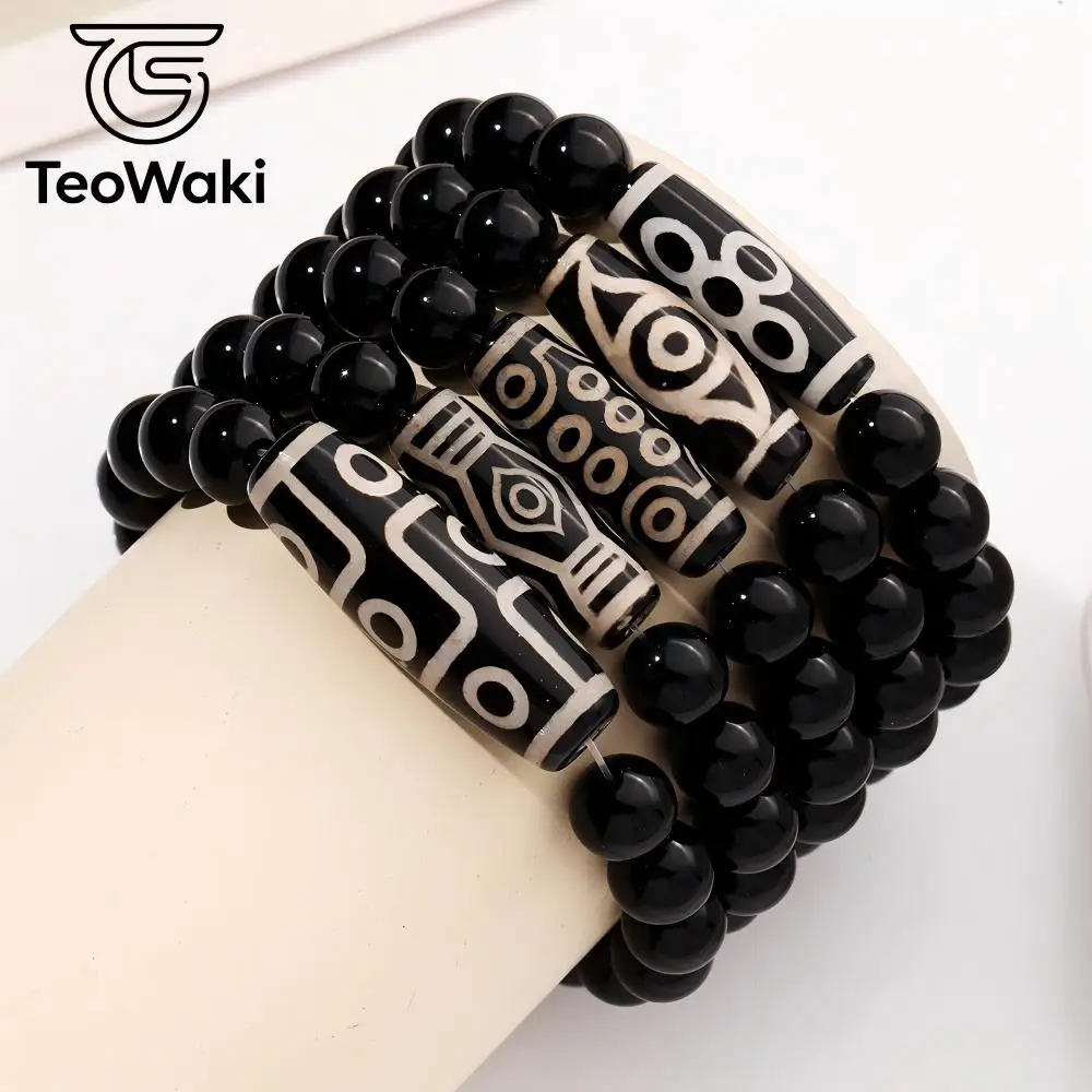 TeoWaki Black Onyx Bead Bracelet Men Women 10x30mm Style Agate Bar with Round Black Beads Stretch Bracelet Jewelry Gift 19cm