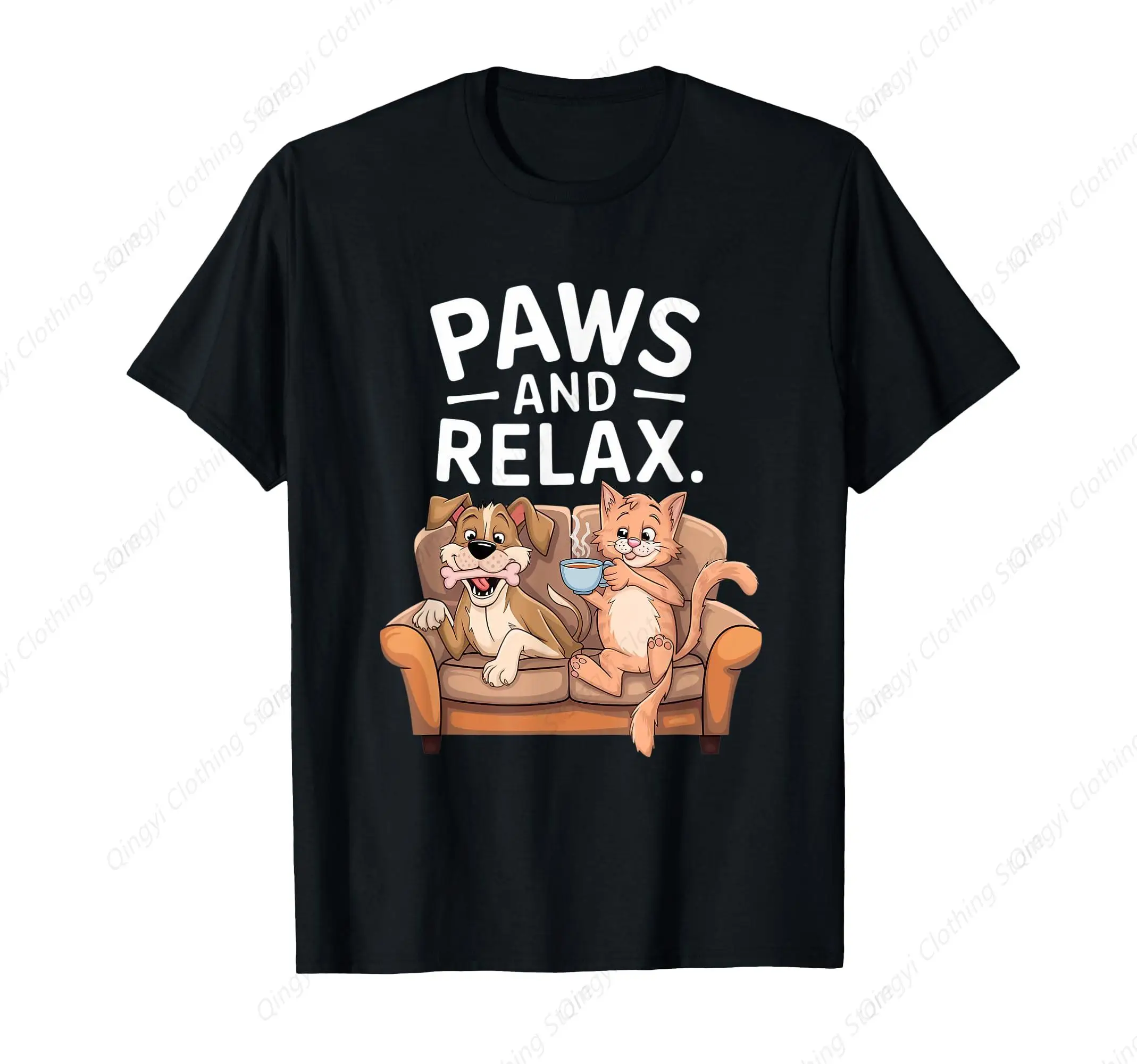 

Paws And Relax Cartoon Cat Dog Coffee Couch Scene Funny T-Shirt