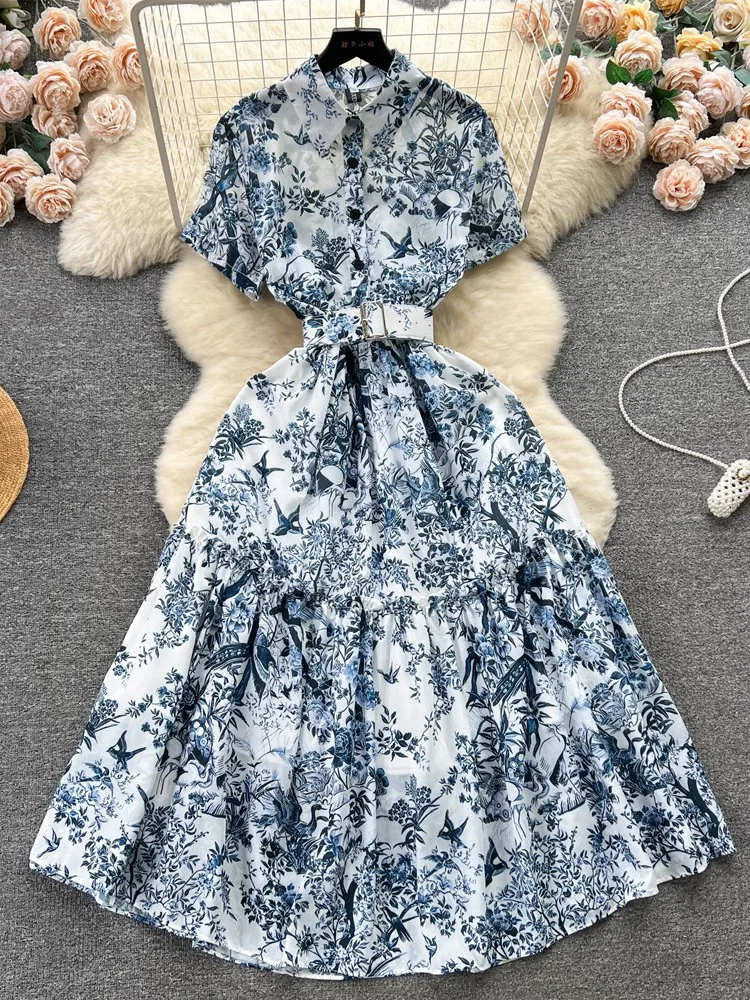 

New Summer Retro Shirt Dress Women Short Sleeved Lapel Single Breasted A-line Print Long Dresses Ladies Elegant Party Long Robe