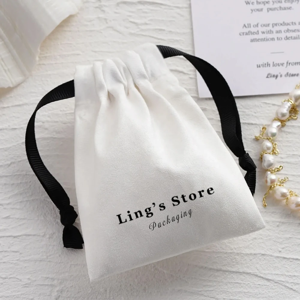 100Pcs Personalized Logo Jewelry Drawstring Flannel Bag Velvet Suede Packaging Pouch Chic Wedding Favors Cosmetic Earring Pocket