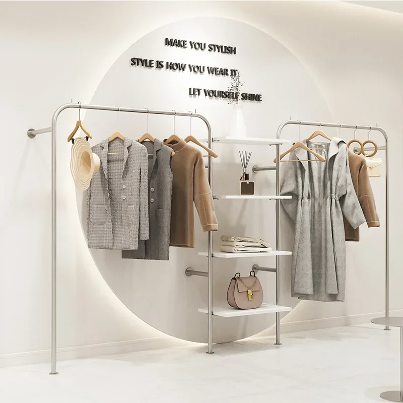 Clothing store wall bag women's clothing display rack clothes pole stainless steel shelf creative baffle shoe display rack