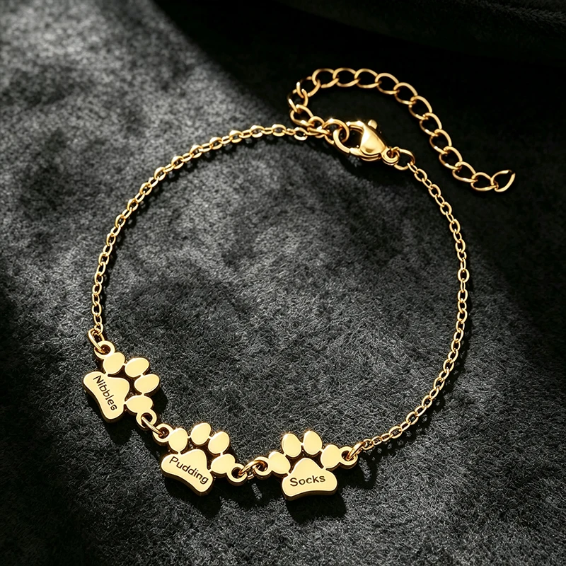 Custom Engraving Name Animal Paw Bracelet Personalized Bracelet With Engraving Name Stainless Steel Bracelet Gift For Girlfriend