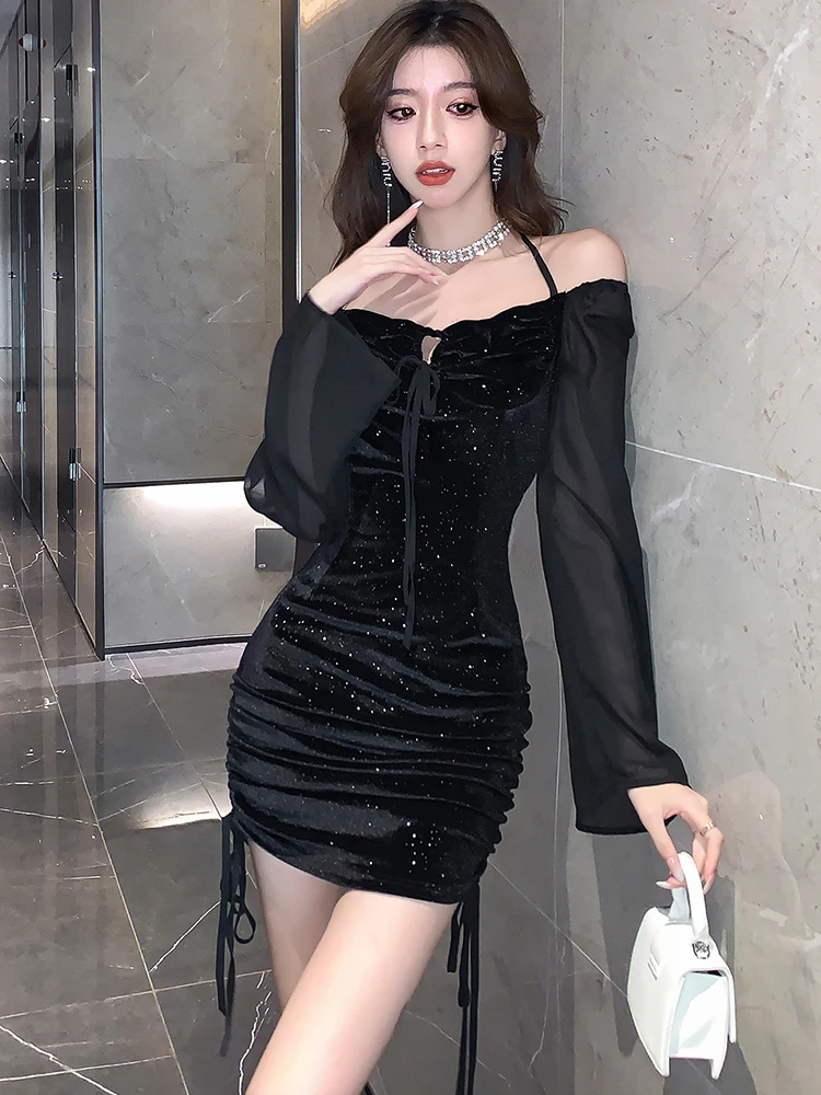 Autumn Winter Black Velvet Sequins Chic Bow Y2k Mini Dress Women Korean Elegant Luxury Bandage Dress 2024 Fashon Bodycon Dresses