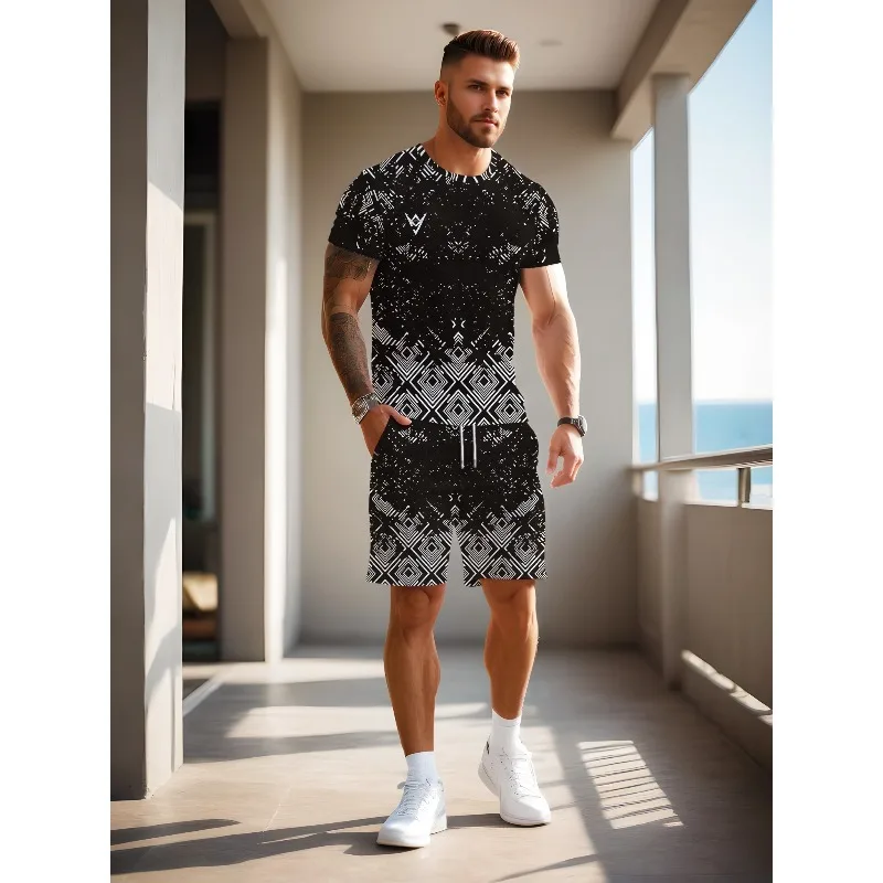 2025 Fashion Leisure Summer Men's Sports Style 3D Digital Printing Pattern Round Neck Short Sleeved T-shirt Shorts 2-piece Set