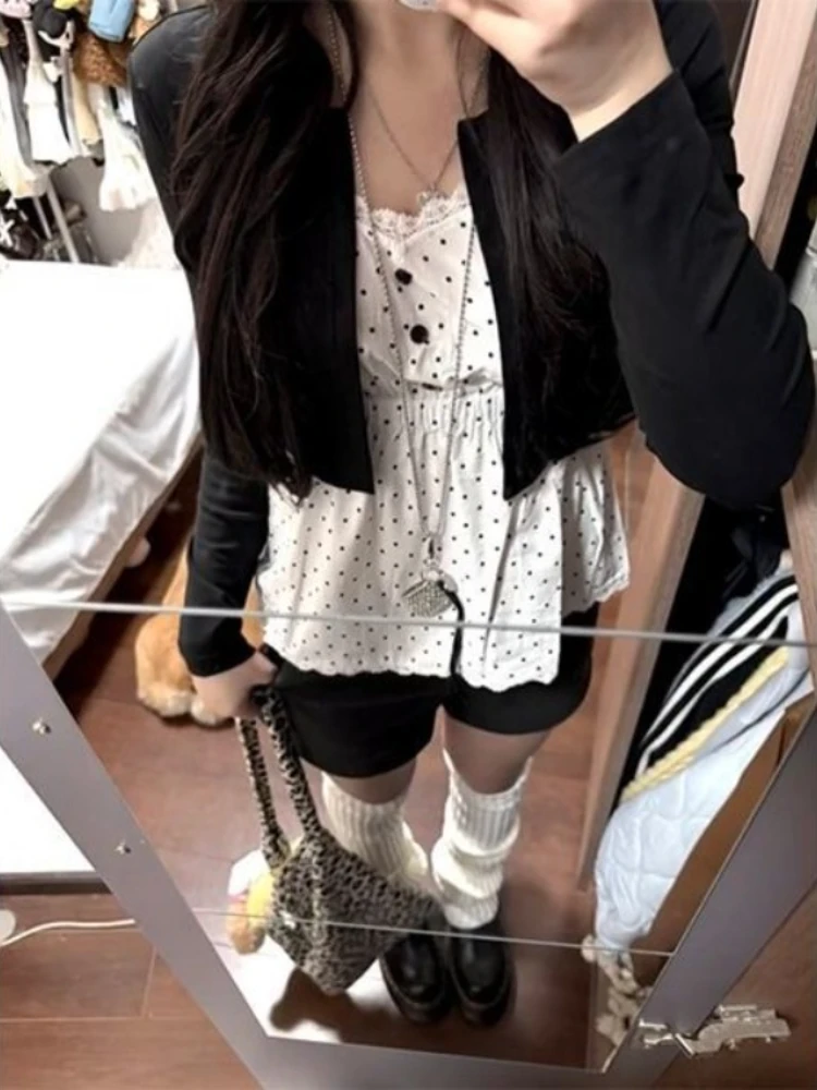 الكورية الأعلى للنساء المرأة وهمية قطعتين طويلة الأكمام نقطة تي شيرت الخريف بسيط الحلو ثقافة فرعية Y2k المحملة Camisetas