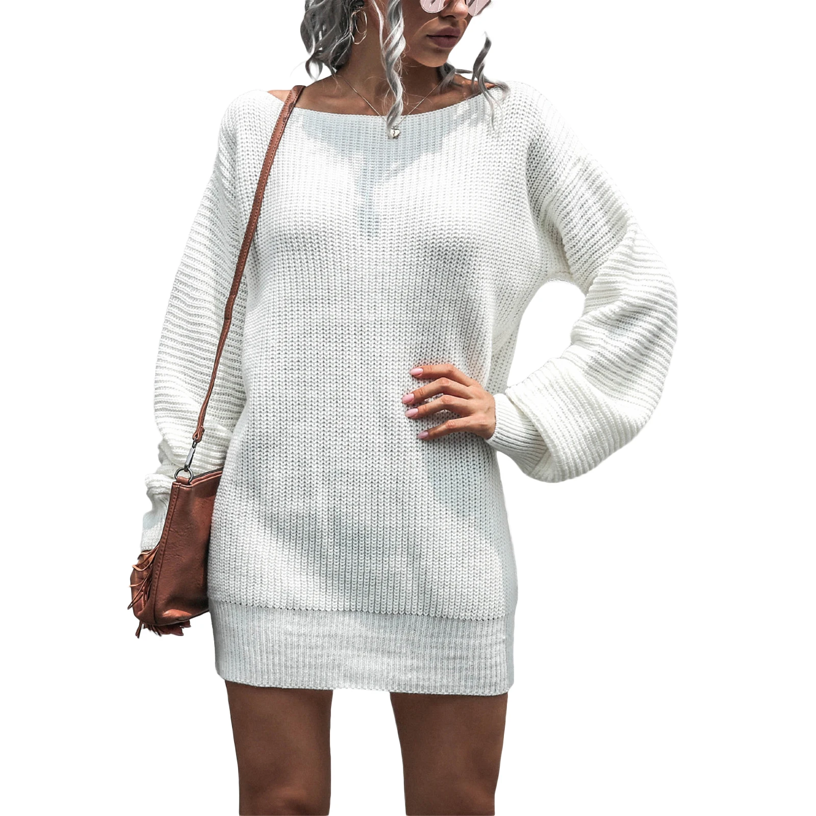 

Women's Fashion Long Sleeve Off Shoulder Sweater Dress Solid Color Casual Loose Knit Dress Fall Office Lady Mini Dress