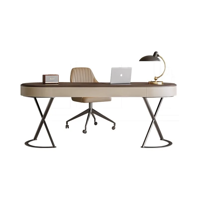 

French retro style book combination oval high-end solid wood walnut saddle leather light luxury computer desk desk