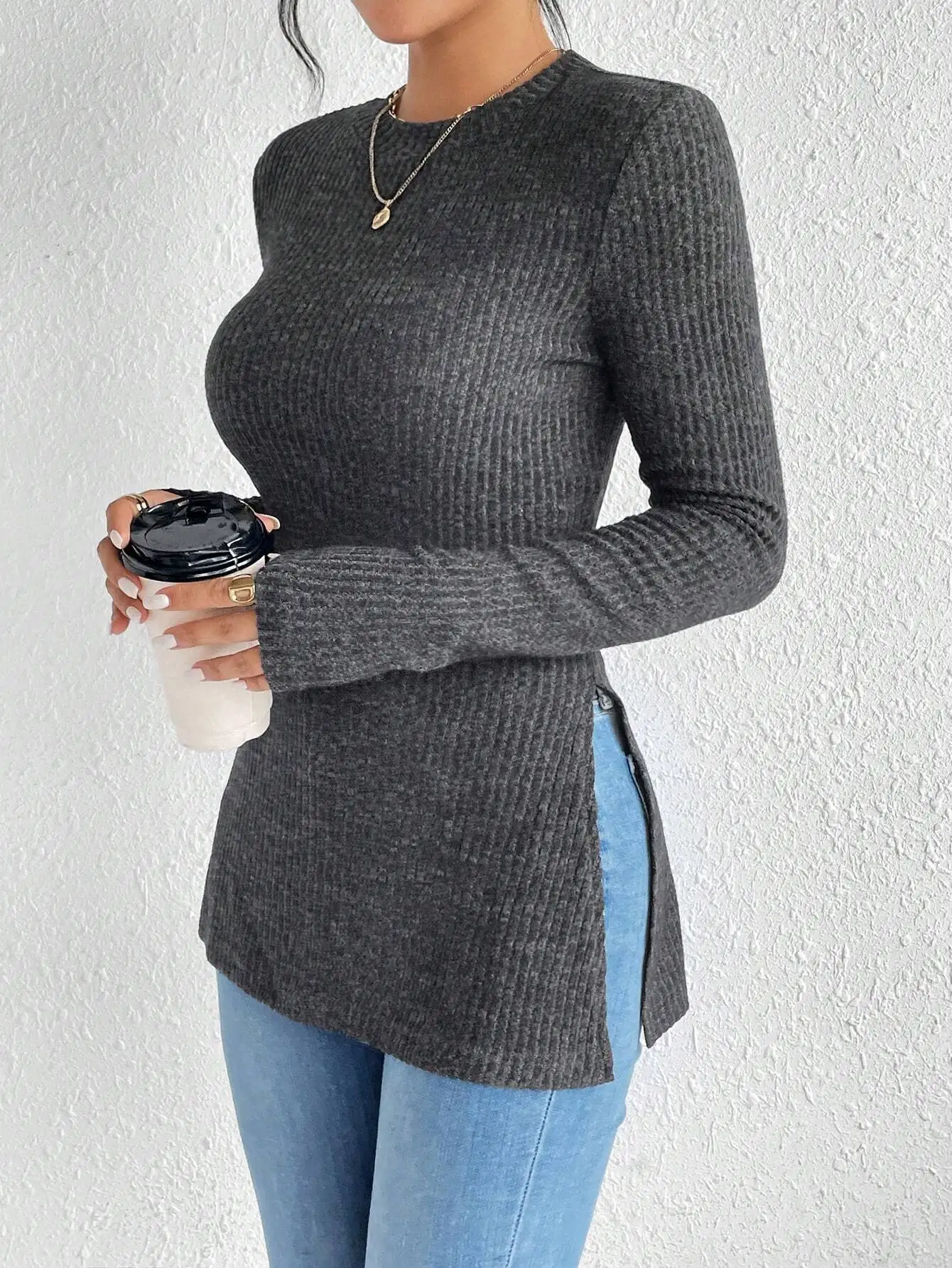 

Ribbed Knit Long Sleeve Tee with Side Slit, Round Neck, Casual Fall Winter Top