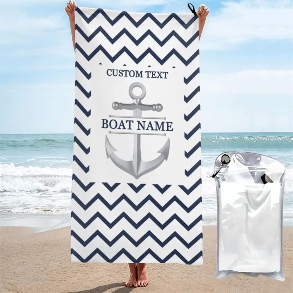 Personalized Nautical Anchor Beach Towel Custom Name Chevron Pattern Pool Cloth Tropical Summer Vacation Gift