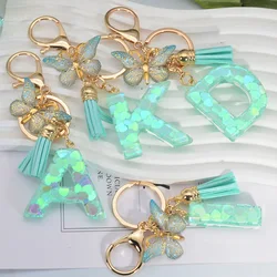 Fashion Green Tassel Butterfly 26Letter Keychain Heart-shaped Sequin Filled Resin Alphabet Keyring for Women Car Handbag Pendant