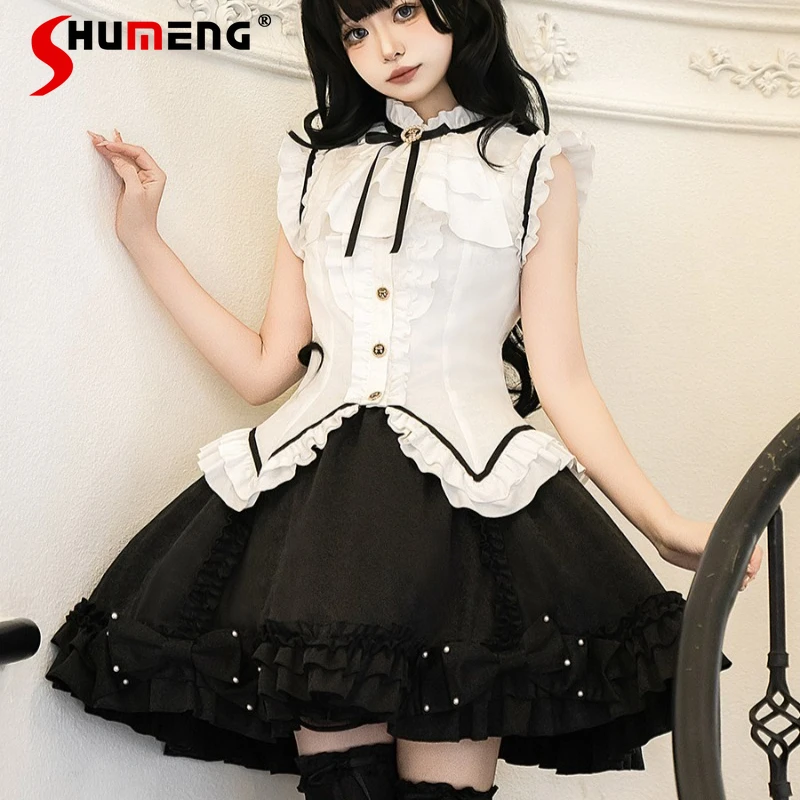 

New Japanese Sweet Style Original Black Cat Lady Lolita Outfits Women's Lolita Tops Skirt Two Pieces Set Cute Daily Wear Suit