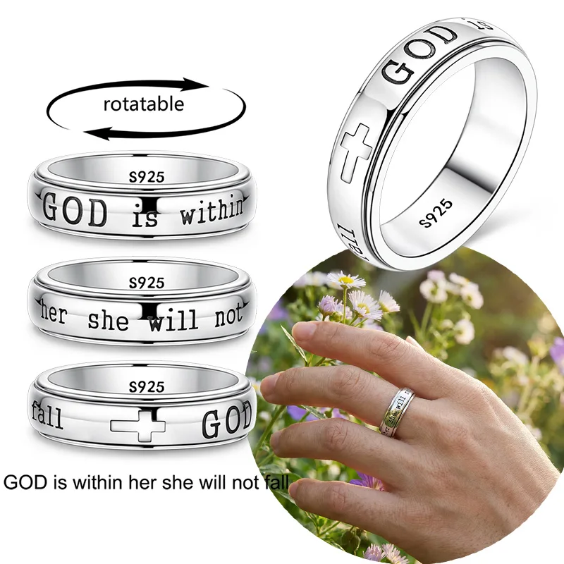 Original 925 Sterling Silver Size 6-9 God Engraving Cross Rings Rotatable Ring For Women Silver Jewelry Gift