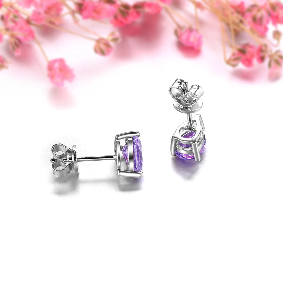 Natural Amethyst Sterling Silver Stud Earring 1.2 Carats Genuine Purple Crystal Classic Simple Design S925 Fine Jewelry