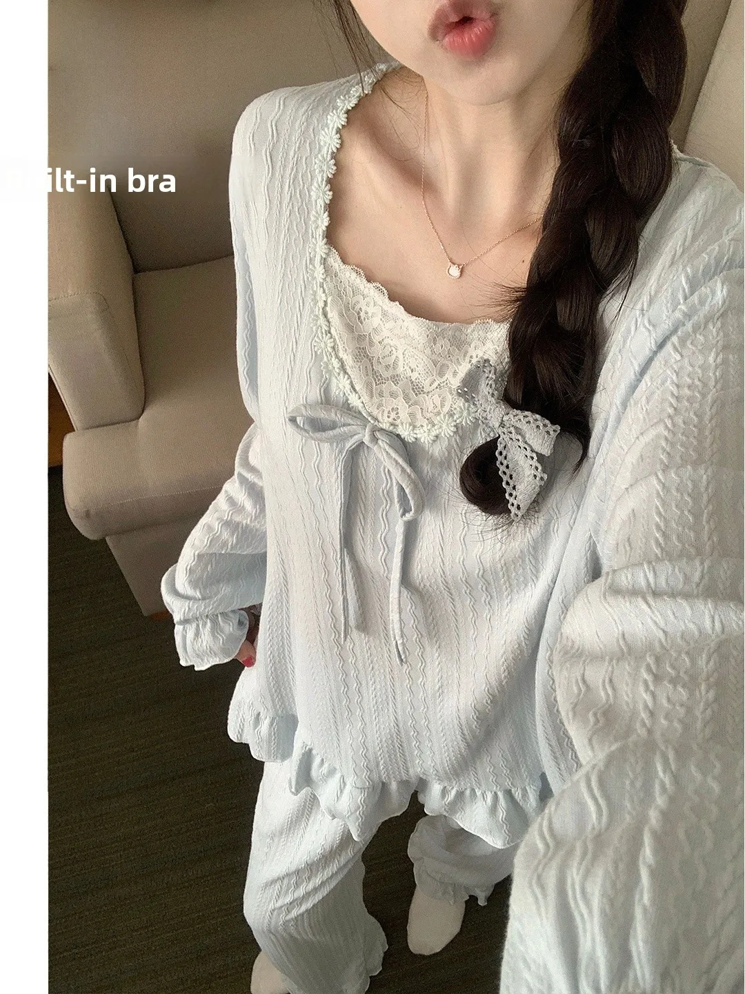

Women's Cotton Silk Sleepwear Set with Chest Pad Long Sleeve Spring Autumn Style Comfortable Home Clothes Outerwear Suitable