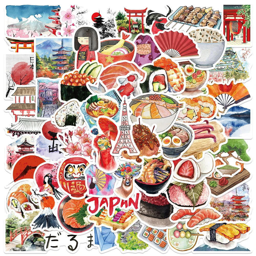 

10/30/50pcs Vintage Watercolor Japan Travel Stickers Sushi Ramen Aesthetic Decals for Notebook Helmet Suitcase Graffiti Sticker