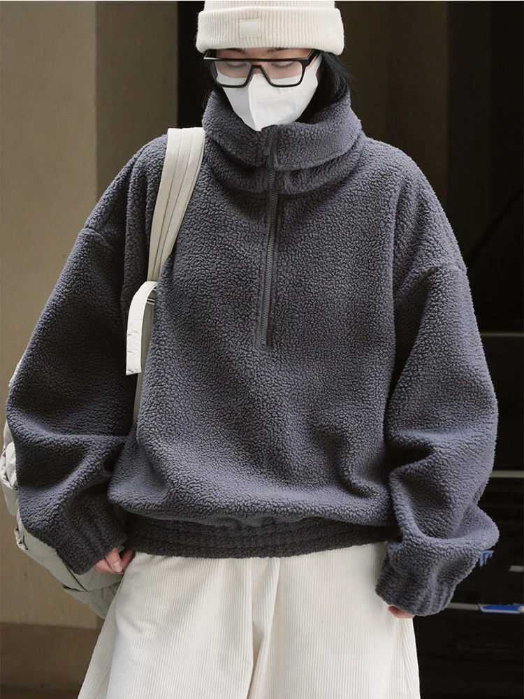 بلوزات الصوف القطبي الياباني خريف شتاء كسول الرياح المرأة البلوفرات كبيرة الحجم أنيقة نصف سستة الصلبة الدافئة فضفاضة بلايز عادية