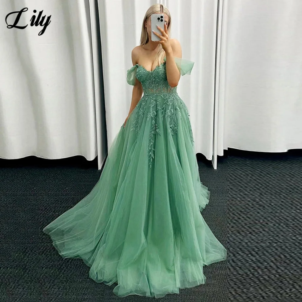 

Lily Green Elegant Prom Dress Sweetheart Off the Shoulder Prom Gown with Applique Net Backless Evening Dresses 프롬 드레스 Customized