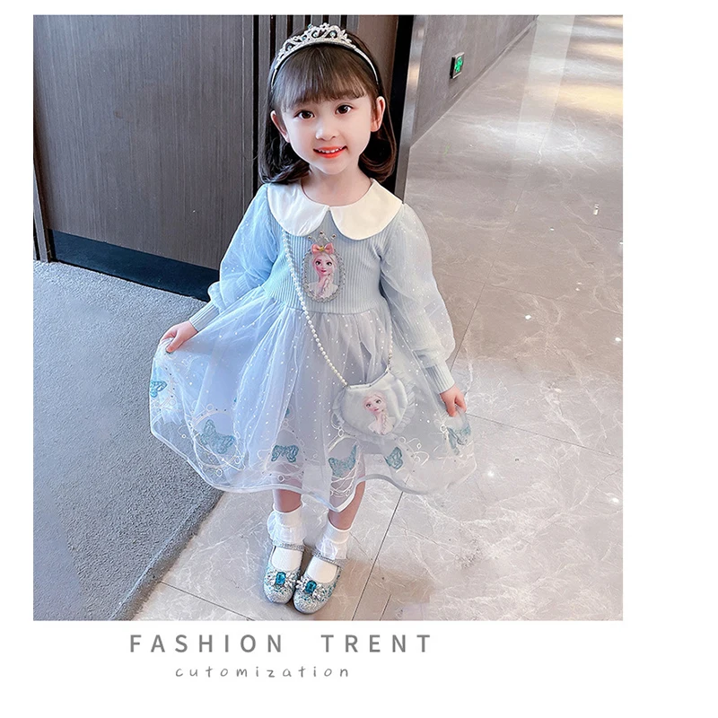 Girls Long Sleeve Mesh Dress Autumn Cartoon Frozen Elsa Printed Princess Dress Toddler Kid Clothes Birthday Party Dress + Bag