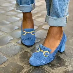 Women Pumps Fringed Metal Buckle Round Toe Matte Chunky Heels Single Shoe For Women