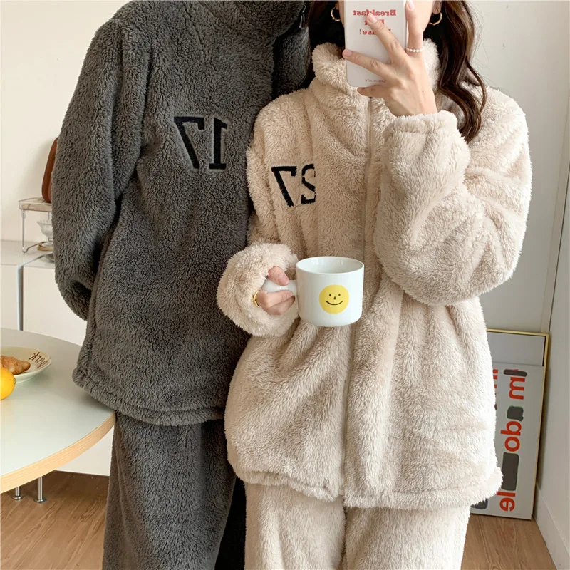 

Couple Pajamas Set Autumn Winter Flannel Long Sleeve Zipper Long Plush Sleepwear Suit Men Nightcloth Thick Velvet Thermal Women