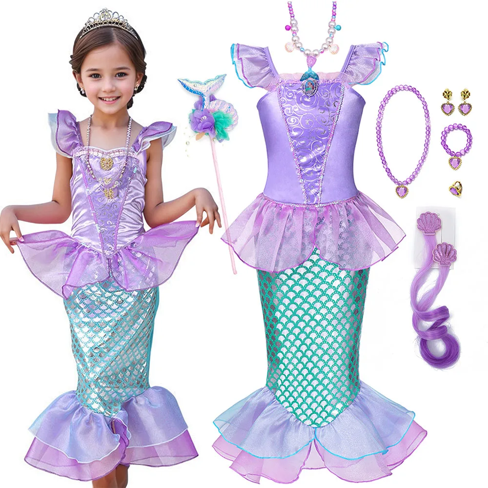 Vestido de Princesa Sereia para Meninas Pequenas com Kit Completo de Acessórios, Escamas e Cauda de Peixe, Fantasia Infantil para Aniversário, Halloween e Carnaval