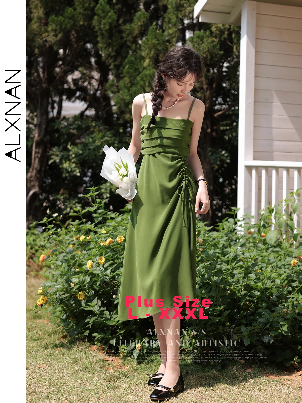 

ALXNAN Plus Size Sleeveless Dress for Women 2025 Summer Midi Fashion Drawstring Dress Holiday Party Long Female Clothing D01655