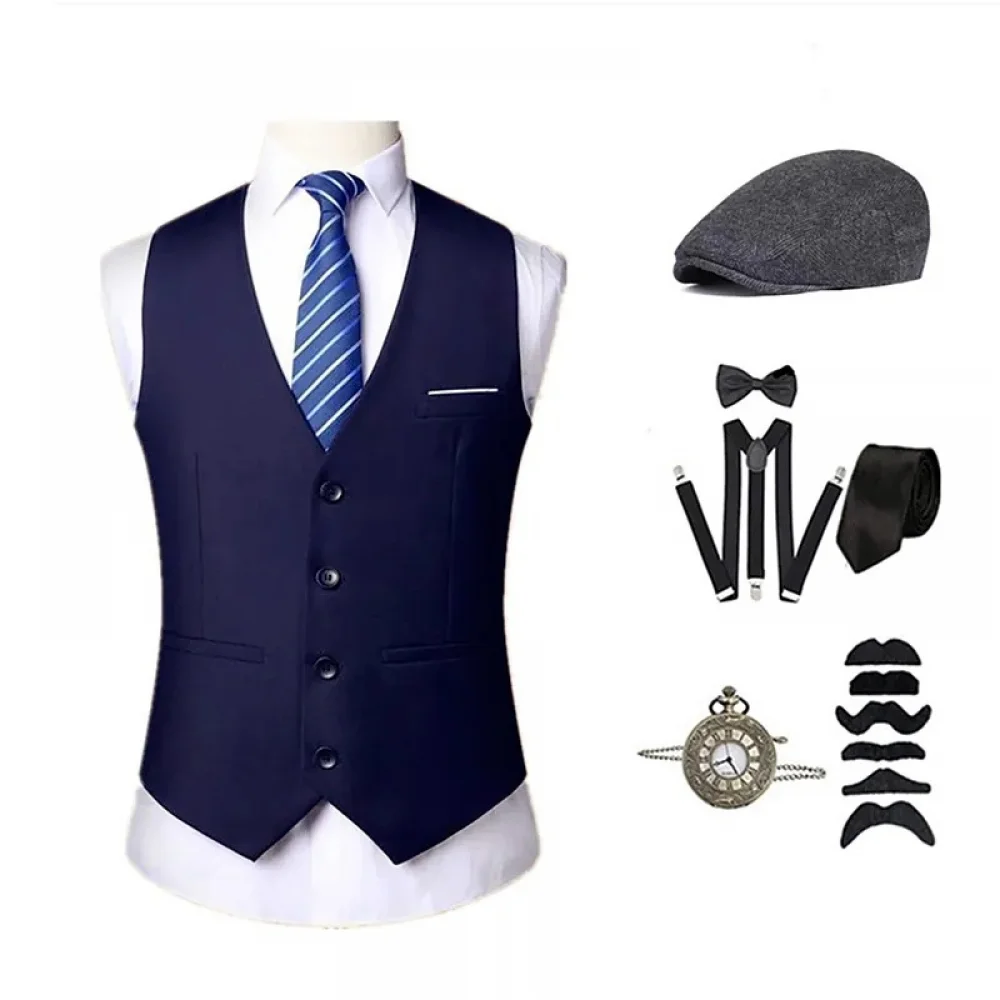 1920s Mens Accessories Set Retro Gangster Costume Tie Hat Vest Victorian Vintage Slim Waistcoat Set Halloween Party Outfits