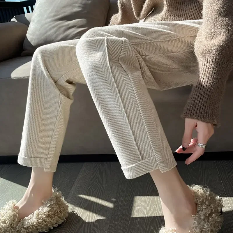 Thickened Woollen Trousers Women\'s Autumn and Winter High Waist Casual Loose Straight Suit Pants Ankle-Length Cigarette Pants