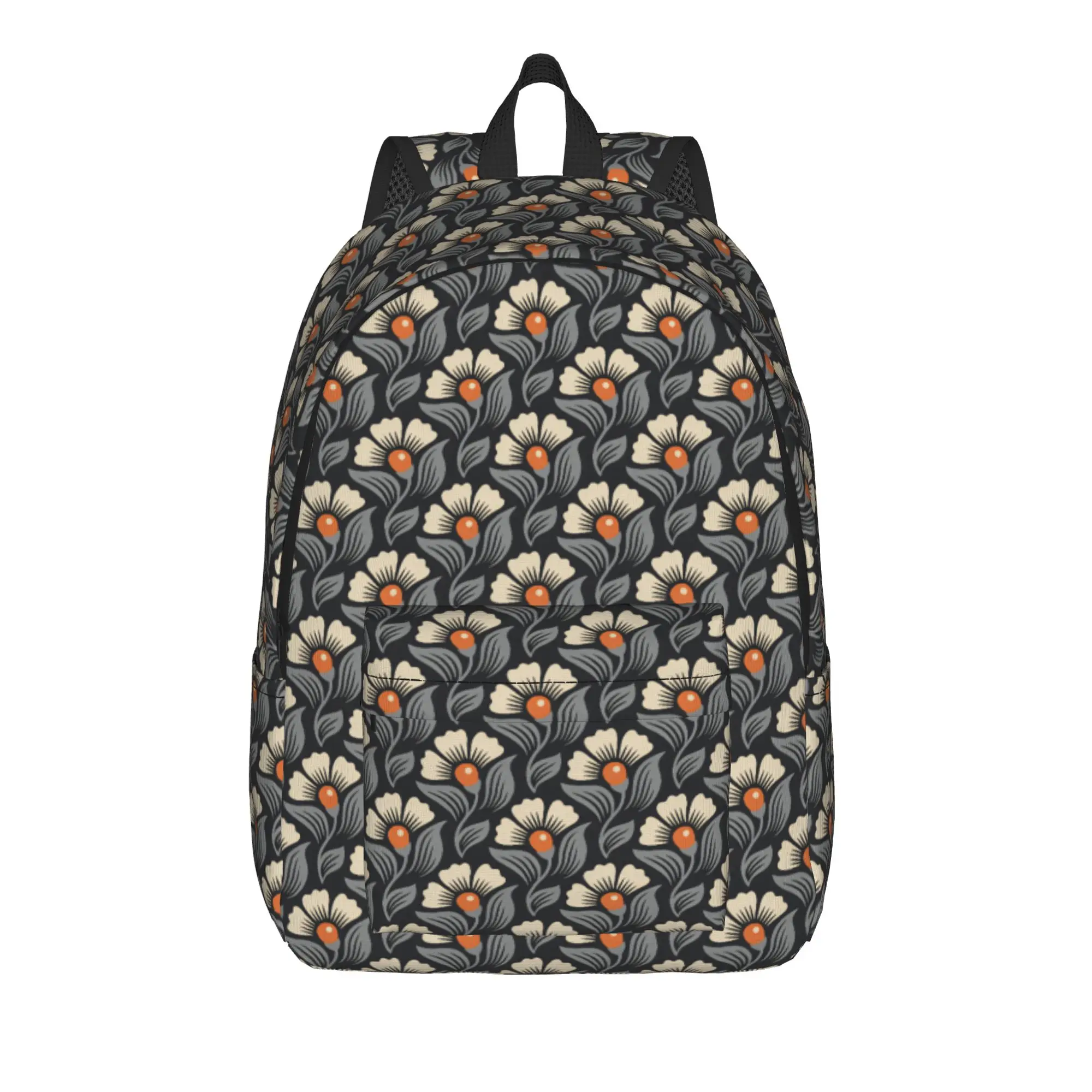 Retro Black Base White Orange Flower Gray Leaf Print Backpack  Travel Backpacks Women Fashion School Bags Breathable Rucksack