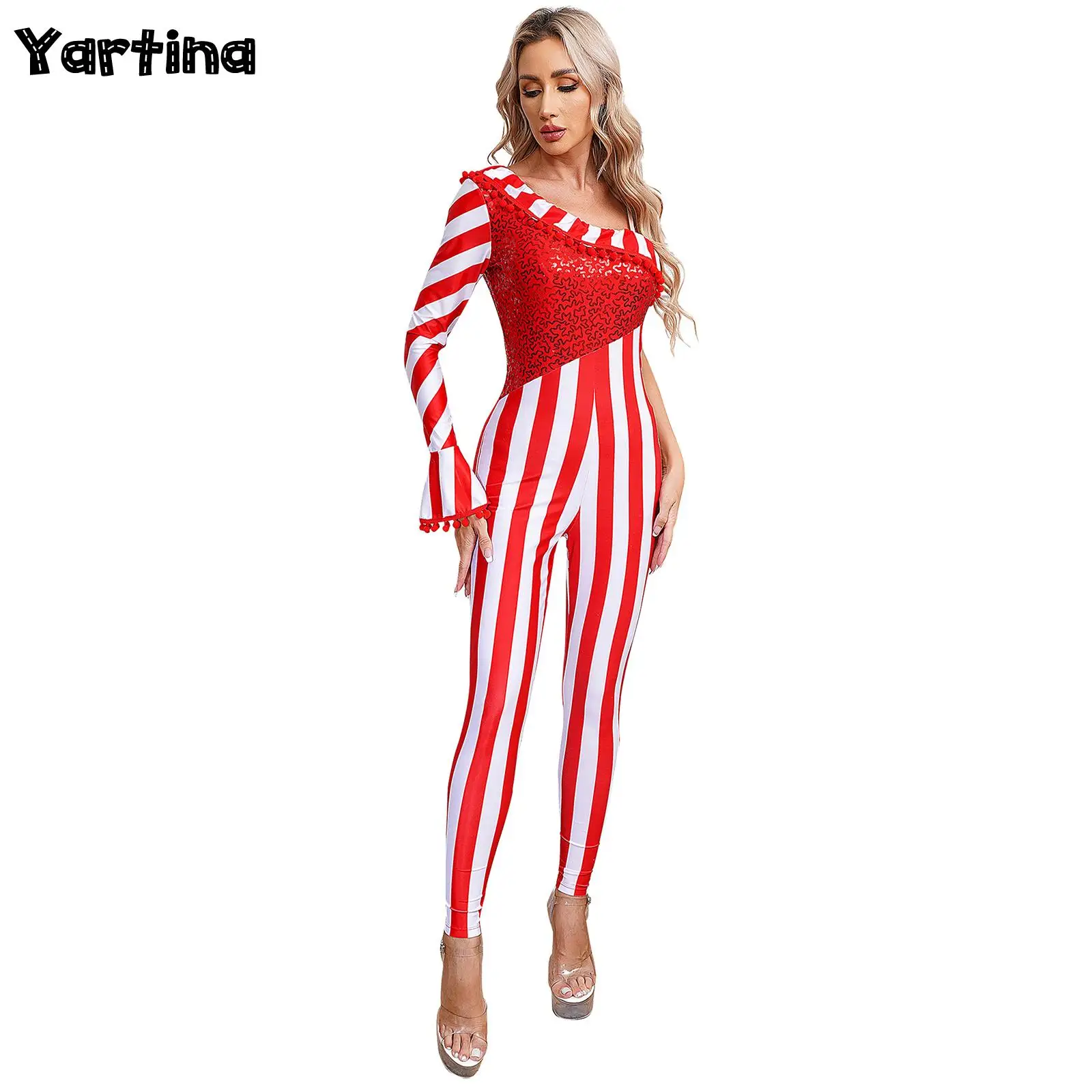 

Womens Christmas Candy Cane Jumpsuit Xmas Cosplay Costumes One Shoulder Flared Sleeve Shiny Sequin Pompom Trim Unitard Jumpsuit