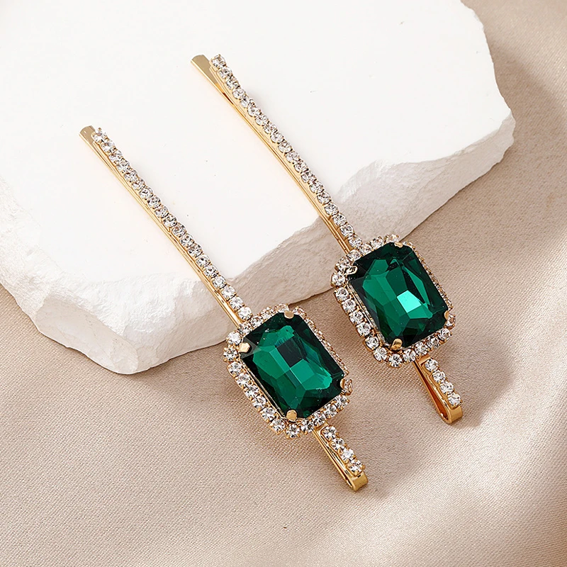 Blue Green Red Luxury Square Crystal Hair Barrette Rhinestone Slide Clip For Women Girls Chic Hair Jewelry