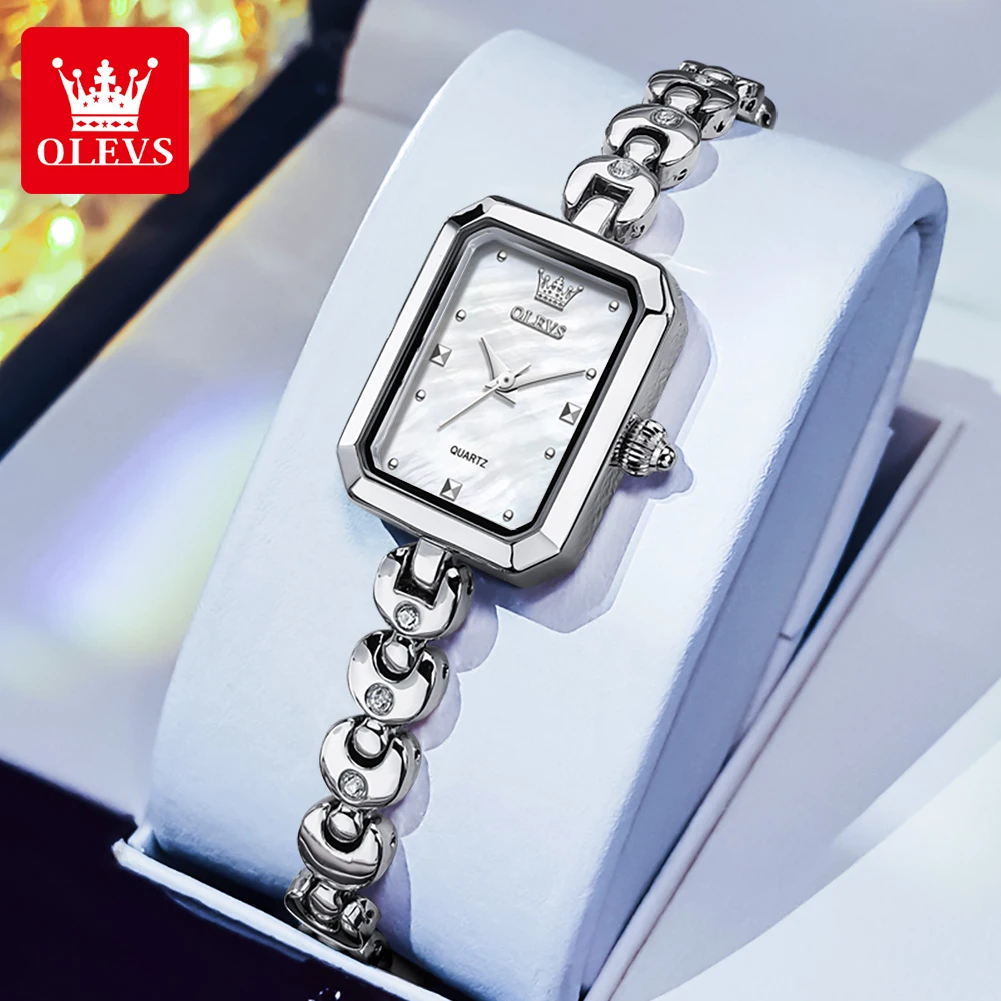 OLEVS 3665 Quartz Movement Elegance Watch For Women Pearl Art Square Dial Stainless Steel Strap 30m Waterproof Watch For Women