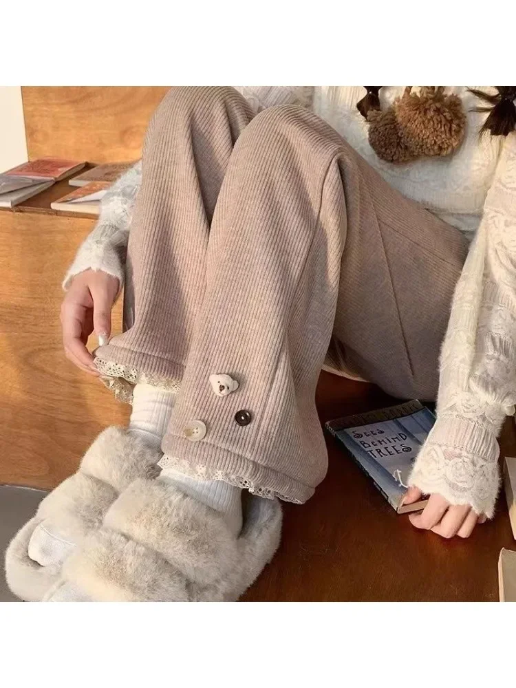 Three-dimensional Bear Lace Autumn and Winter Plus Velvet Wide-leg Trousers Loose and Slim Casual Straight Pants Soft Waxy