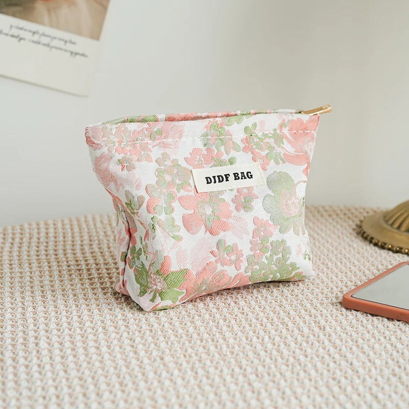 DJDF Pink Flower Small Women\'s Cosmetic Bag Double Layer Soft Canvas Portable Sanitary Napkin Storage Bag Coin Purse Ins Style