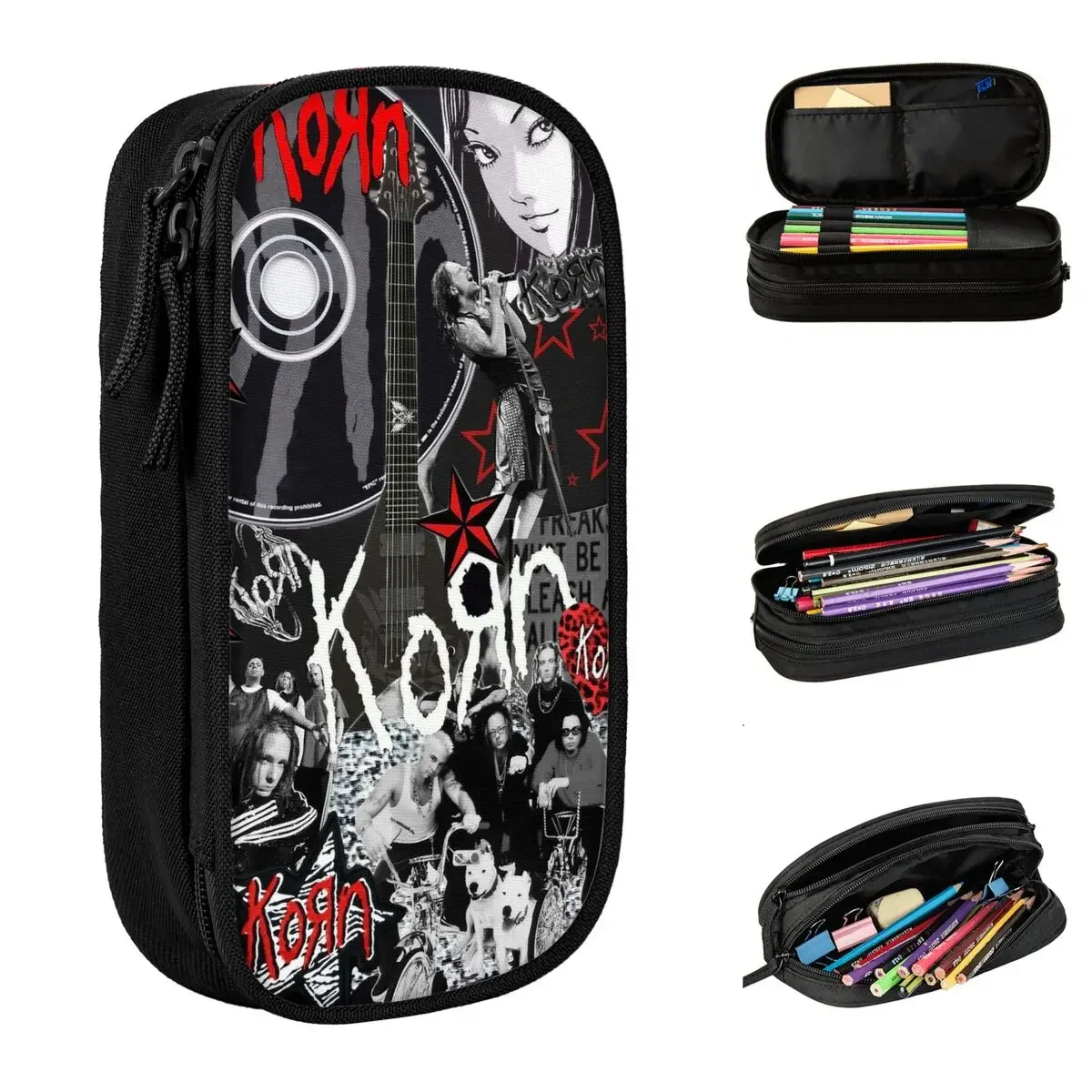 

Korn Collage Pencil Cases Music Rock Pencil Pouch Pen Holder Kids Large Storage Bags School Supplies Cosmetic Stationery