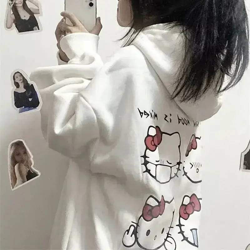 Japanese Kawaii Clothes Hello Kitty Printed White Hoodies Spring Autumn Student Cartoon Print Loose Hoodie Sweatshirt Girl Tops