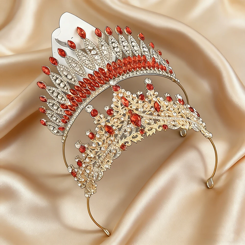 Palace Classical Red Crystal Crown Set Princess Headpiece Bridal Wedding/Birthday Party/Banquet/COS Exquisite Dress Headpiece