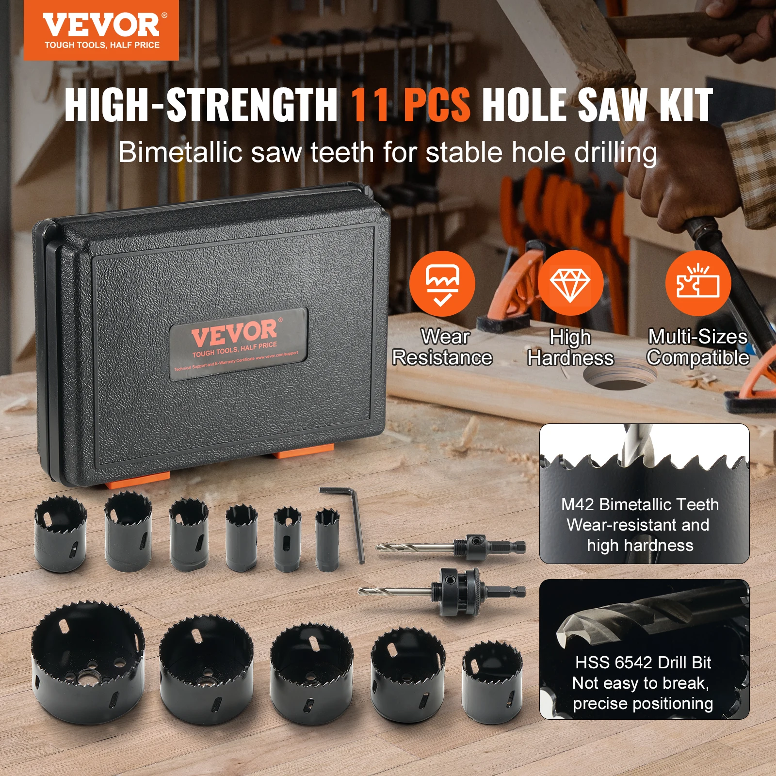 VEVOR-Hole عدة المنشار مع حقيبة حمل ، شفرات المنشار ، 1 عرافة وجع ، ثنائية المعادن ، M42 ، حجم الغرض العام ، 11-18 قطعة