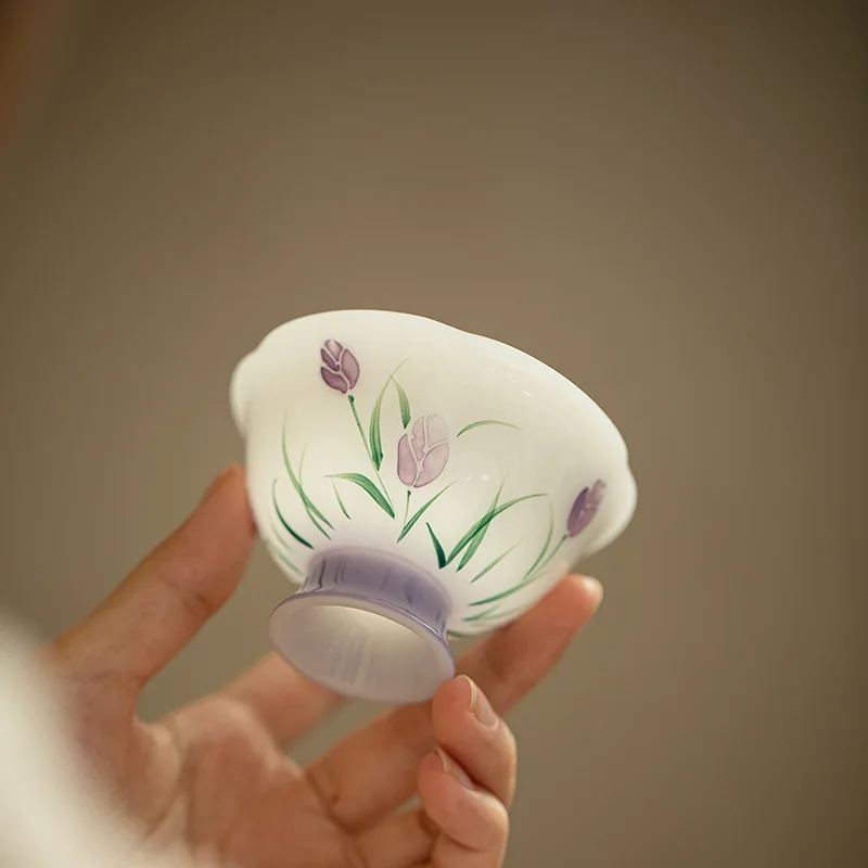 HYS New Chinese Hand-painted Tulip Ice Seed Jade Teacup Master Cup Guest Cup Exquisite Tea Tasting Cup Ceramic Kung Fu Tea Set 2