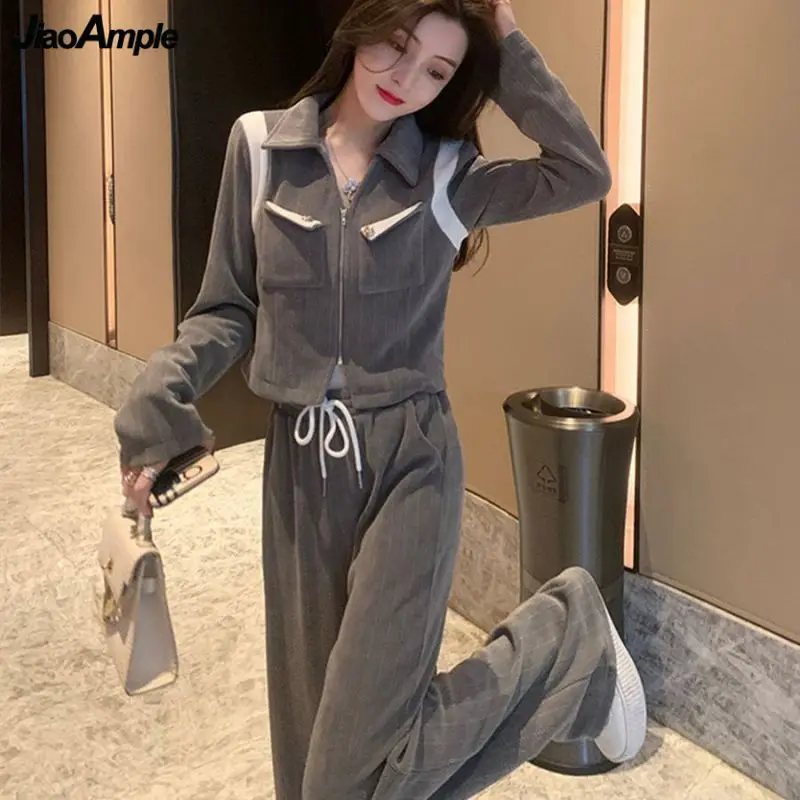 Women Spring Autumn Sports Two Piece Set 2023 New Korean Lady Casual Short Jacket Pants Outfits Gray Coats Trousers Suits Female