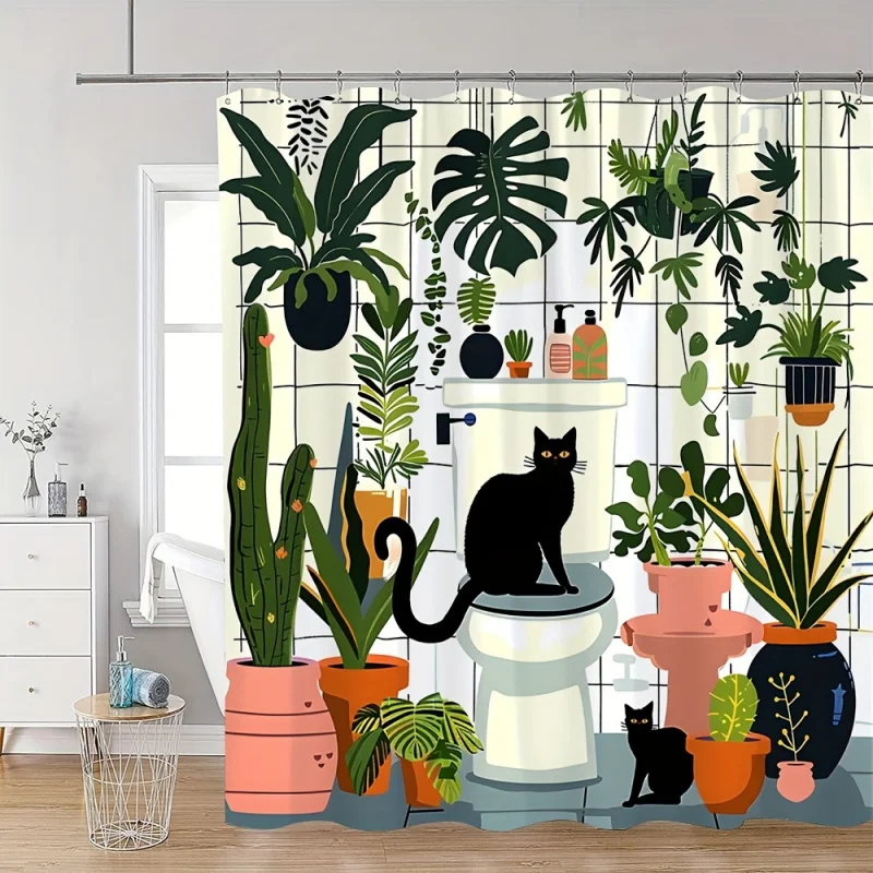 Chic Cartoon Cat & Floral Potted Plant Shower Curtain - Green Botanical Design, Durable Polyester with Hooks Included, Machine W