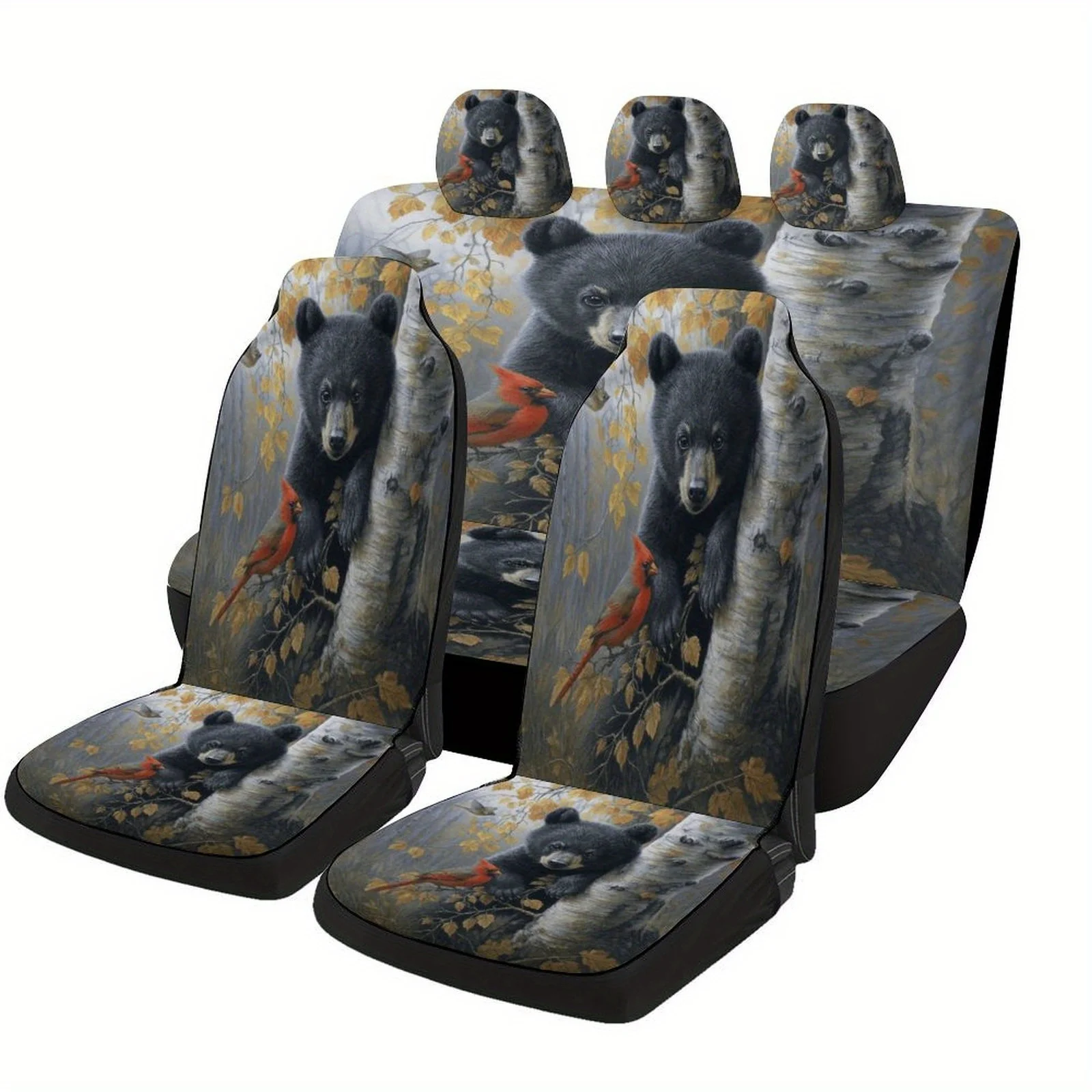 

Bear Cardinal Forest Designed Car Seat Cover Set For Most Cars, Trendy Novelty High-quality Car Seat Protector Covers Full Set,