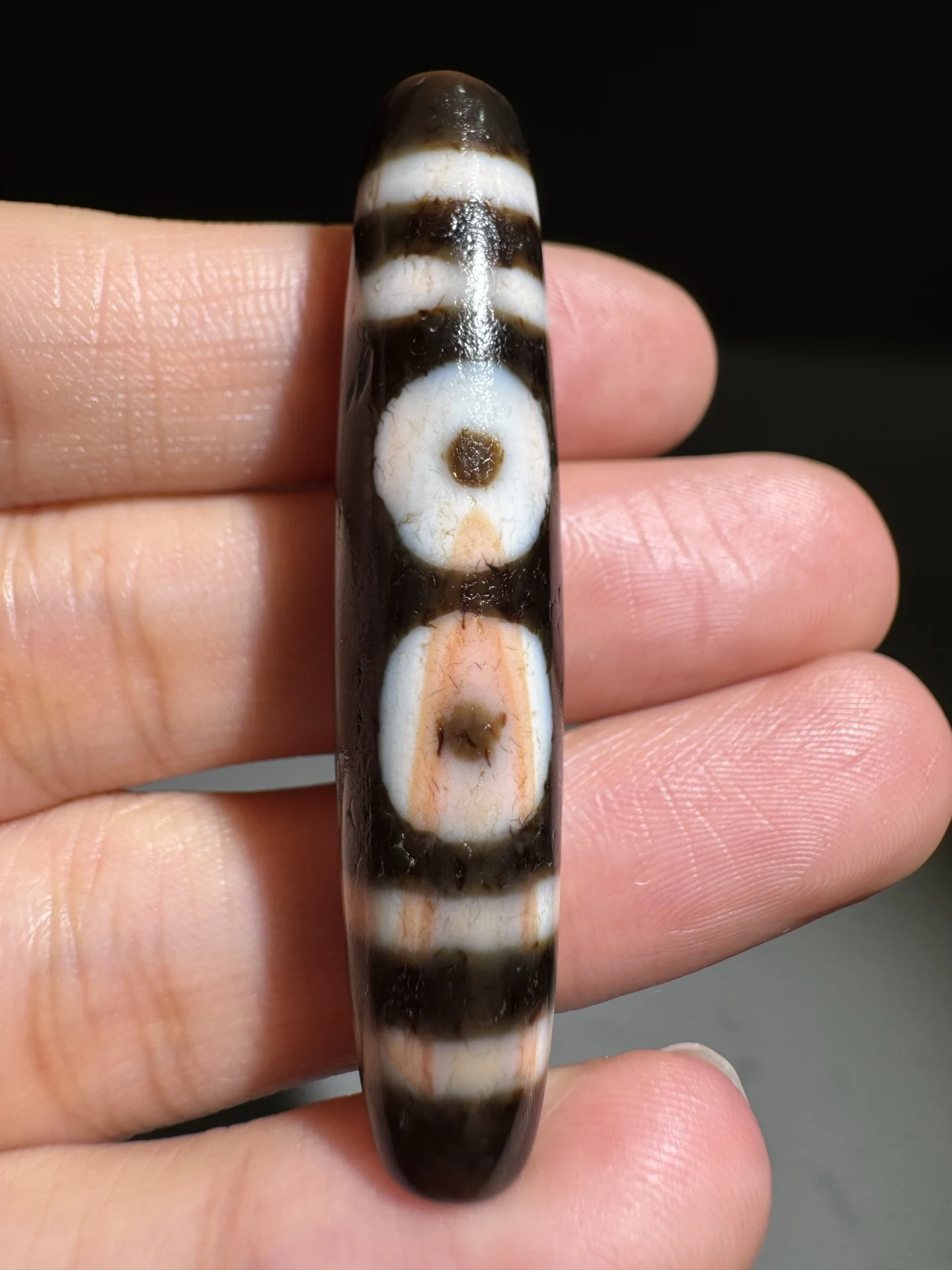 Tibetan aged cinnabar 3-eye dzi pendant necklace 11x51mm