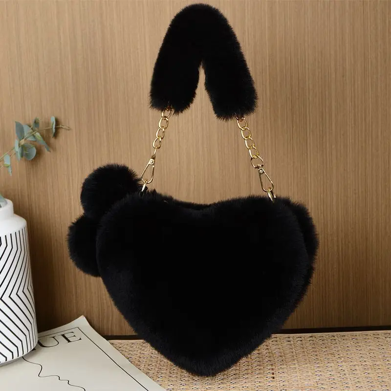 Black Pink Red Dark Gray Yellow White Plush Heart Shape Bag with Rabbit Ears Chain Shoulder Crossbody Handbag Purse Women Girls