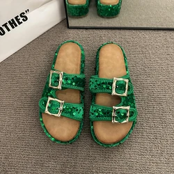 Summer New Thick Soled Belt Buckle Flip-flops Sequin Flat Beach Shoes Non-slip Comfortable Large Size Sandals