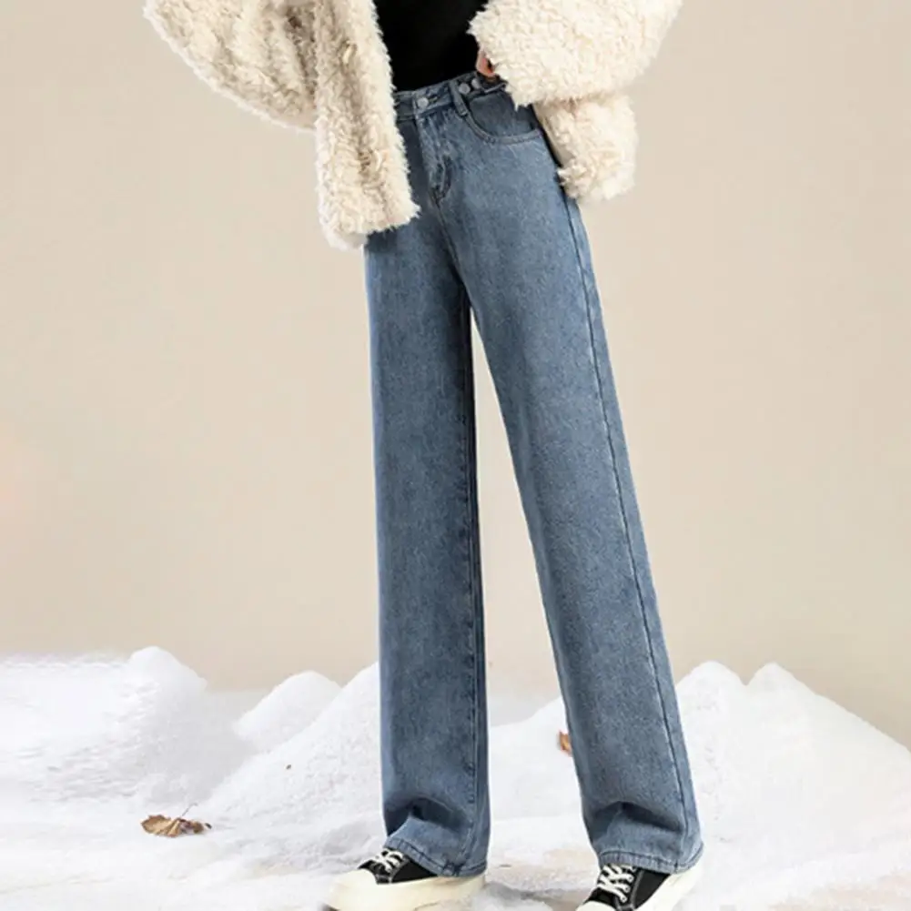 Winter Women Jeans Thick Velvet-lined High Waist Button Zipper Closure Denim Trousers Loose Straight Wide Leg Pants With Pockets