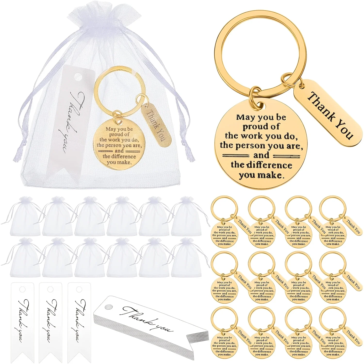 10 Sets Employee Appreciation Gifts Bulk for Coworkers Keychains Organza Bags with Cards for Staff Christmas Favors(Golden)