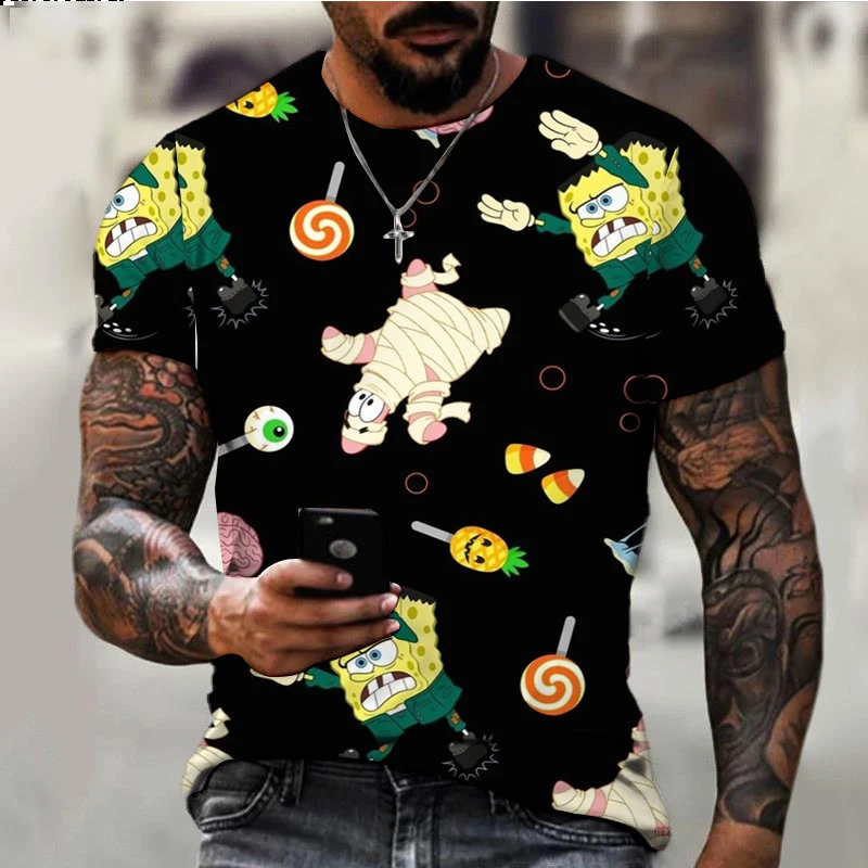 SpongeBob cartoon print children\'s T-shirt 2024 summer new Harajuku trendy brand all-match men\'s round neck casual T-shirt