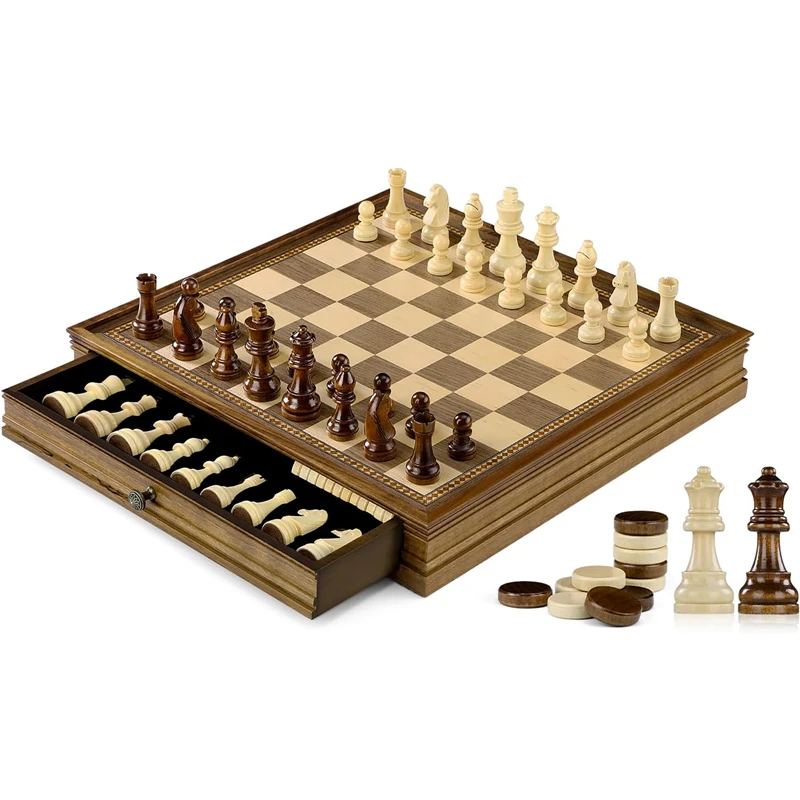 Desktop 2-in-1 Walnut Chess and Checkers Premium Game Set 32cm/12.6inch Chess Classic Game with Storage Drawer